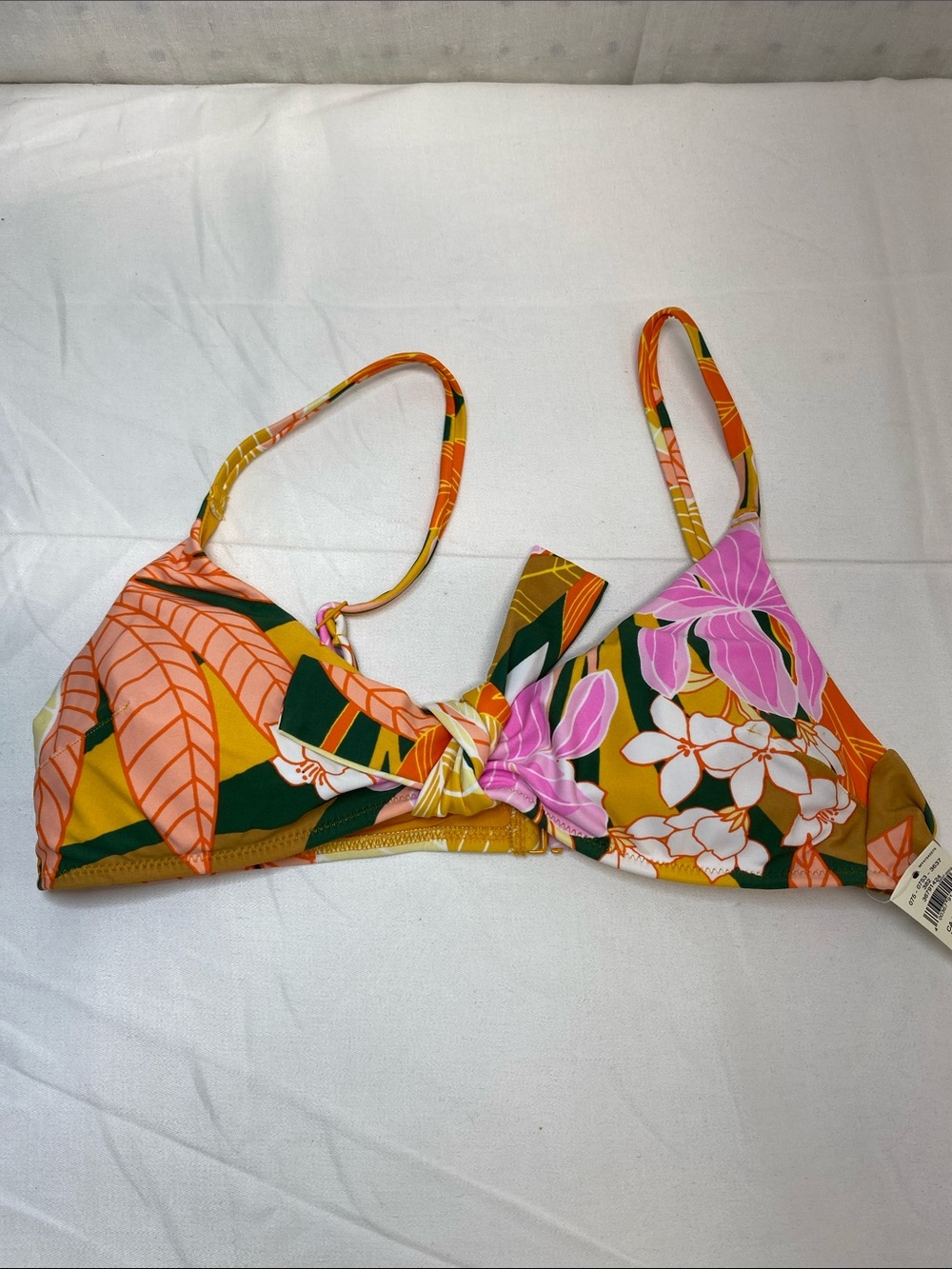 aerie Orange Tropical Floral Knot-Front Bikini Top with Pink Accents Size S